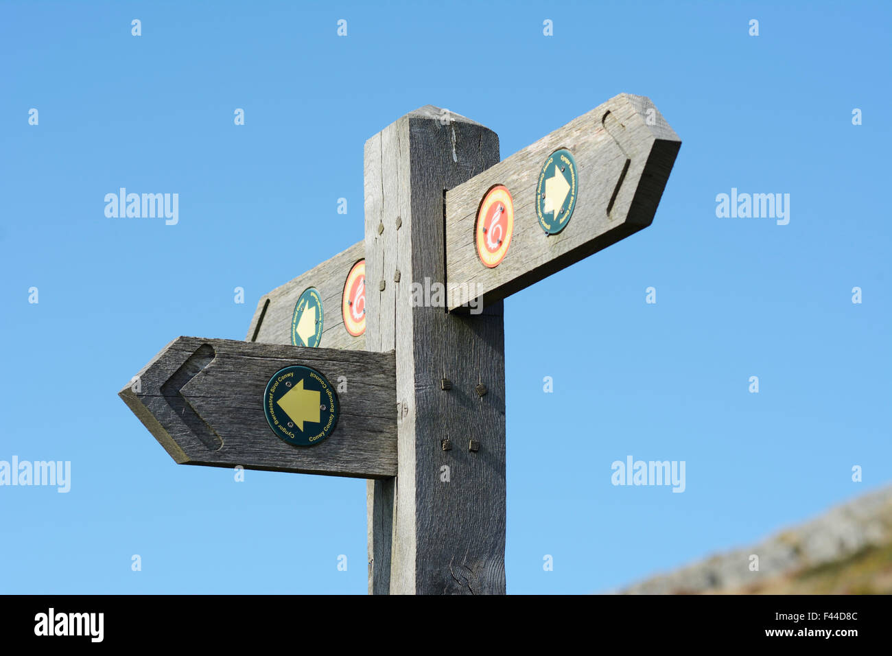 Footpath signposts in the countryside above Penmaenmawr in North Wales ...