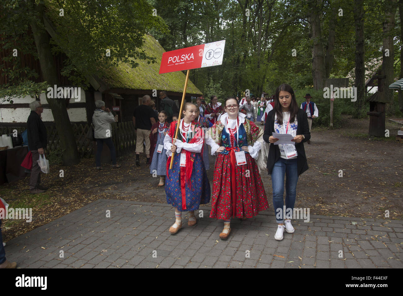 Polish folk dancers & musicians at an international folk festival in Zielona Gora, Poland. Stock Photo
