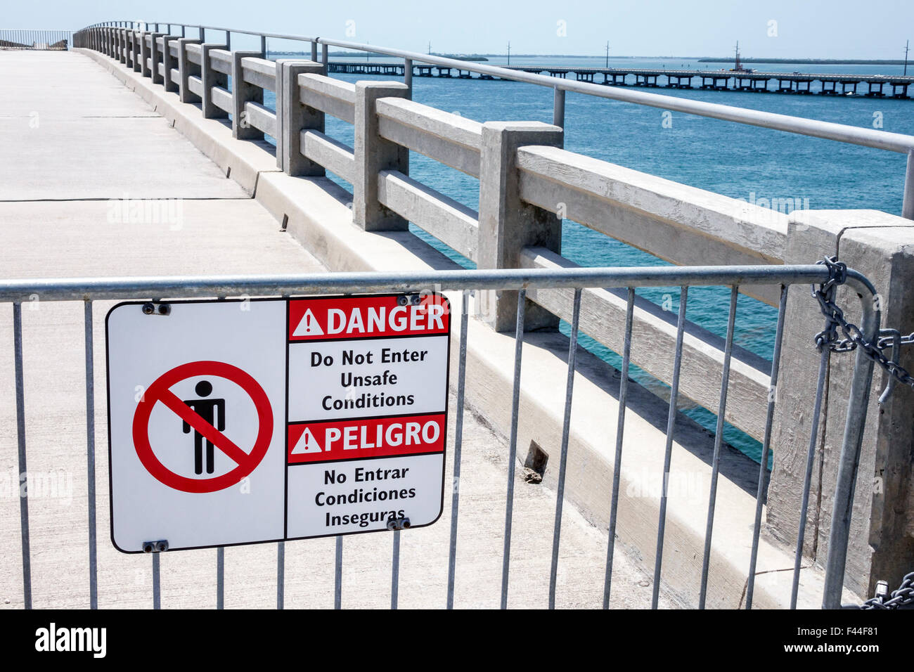 Florida Keys,highway Route 1 Overseas Highway,Bahia Honda State Park,Key,Old Bridge,barricade,sign,warning,danger,do not enter unsafe,FL150510025 Stock Photo