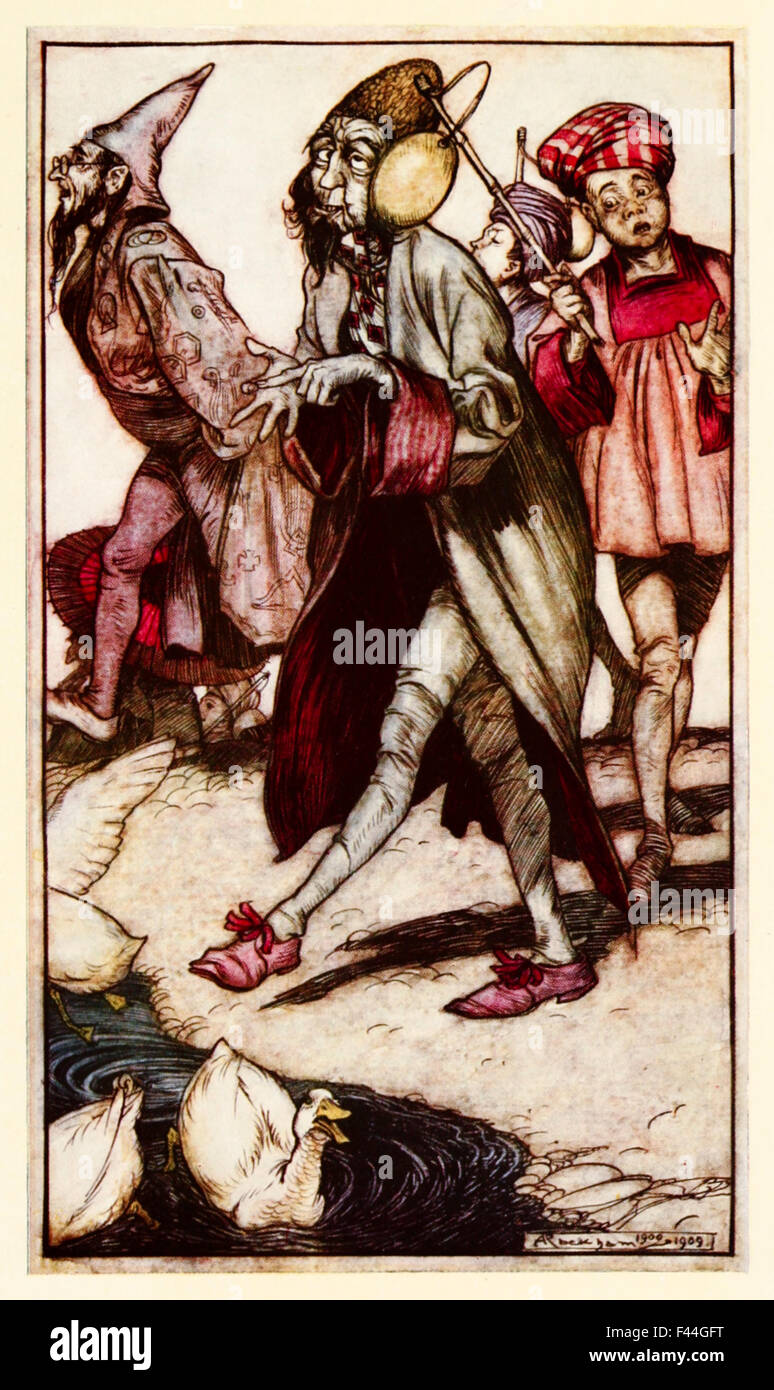 'A Laputian gentleman taking a walk' from 'Part III: A Voyage to Laputa etc' in 'Gulliver's Travels' by Jonathan Swift (1667-1745), illustration by Arthur Rackham (1867-1939). See description for more information. Stock Photo