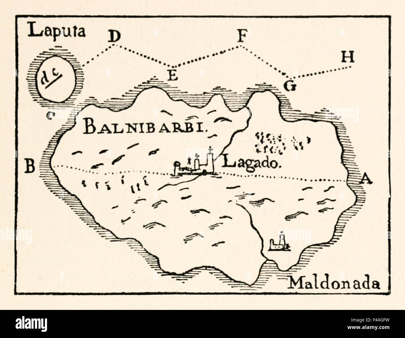 Map of Laputa (flying island top right) and Balnibarbii (main port Maldonada) from 'Part III: A Voyage to Laputa, Balnibarbi, Luggnagg, Glubbdubdrib, and Japan' in 'Gulliver's Travels' by Jonathan Swift (1667-1745), illustration by Arthur Rackham (1867-1939). See description for more information. Stock Photo