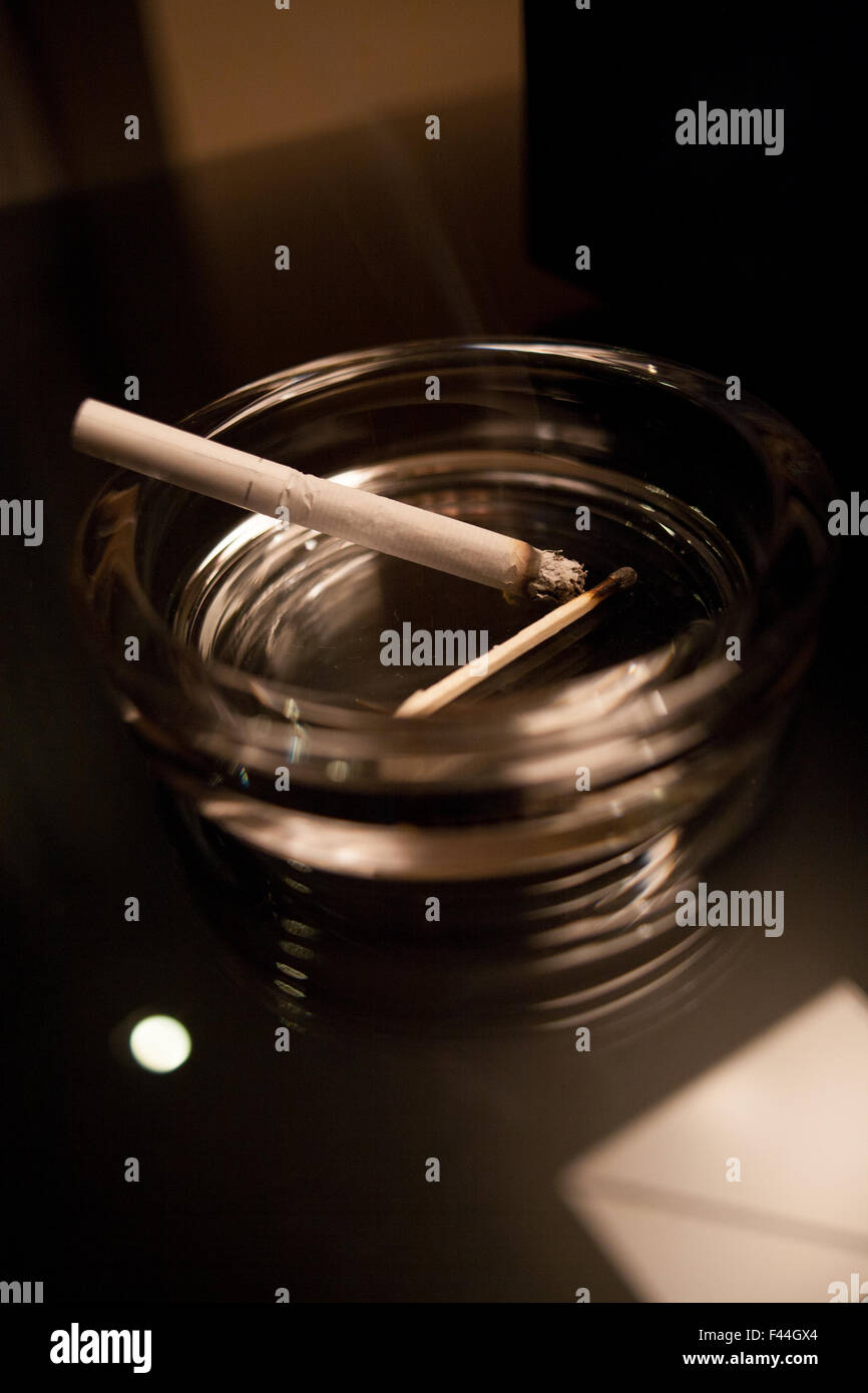 Cigarette in glass ashtray with single wooden matchstick Stock Photo