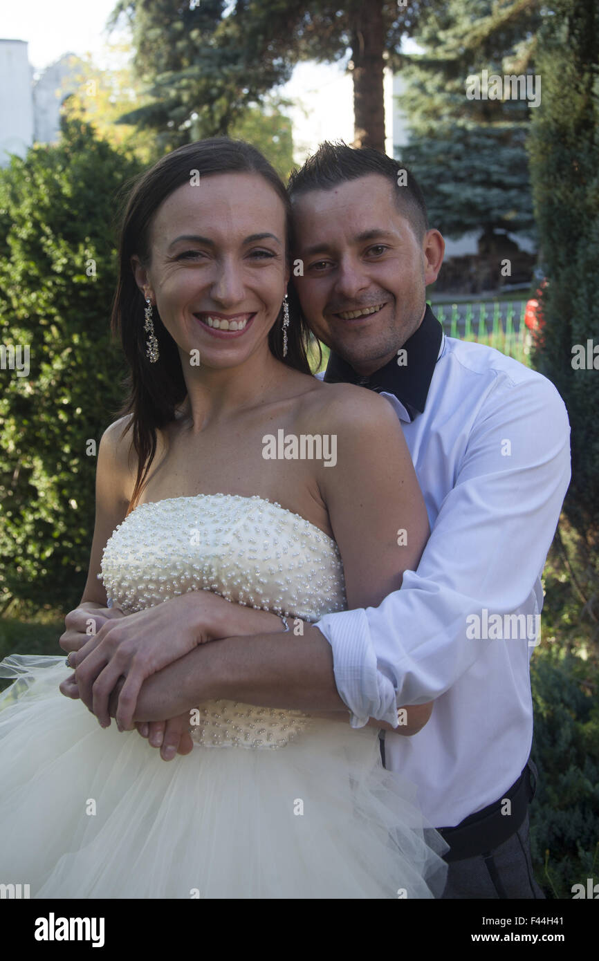 Photos of a couple in wedding clothes a few days before their wedding. Poland. Stock Photo
