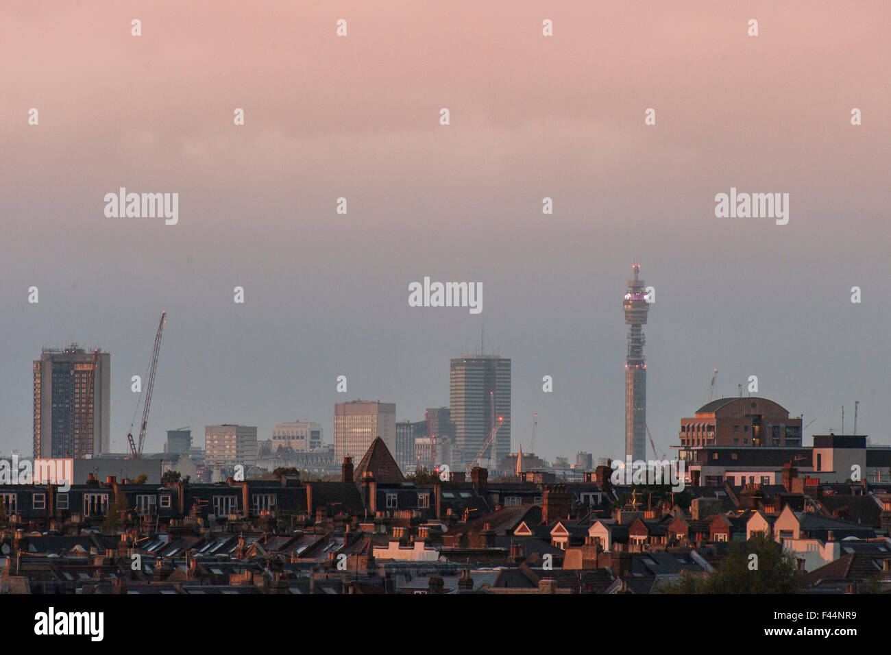 Dawn over a London skyline with the BT Tower Stock Photo