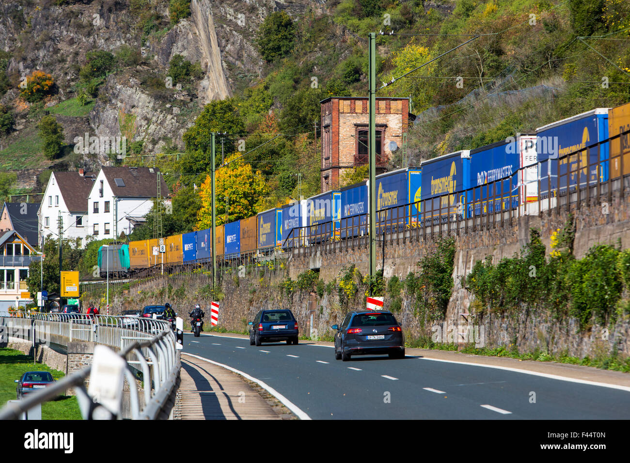 Freight train running through the Upper middle Rhine valley, St. Goarshausen, Germany Stock Photo