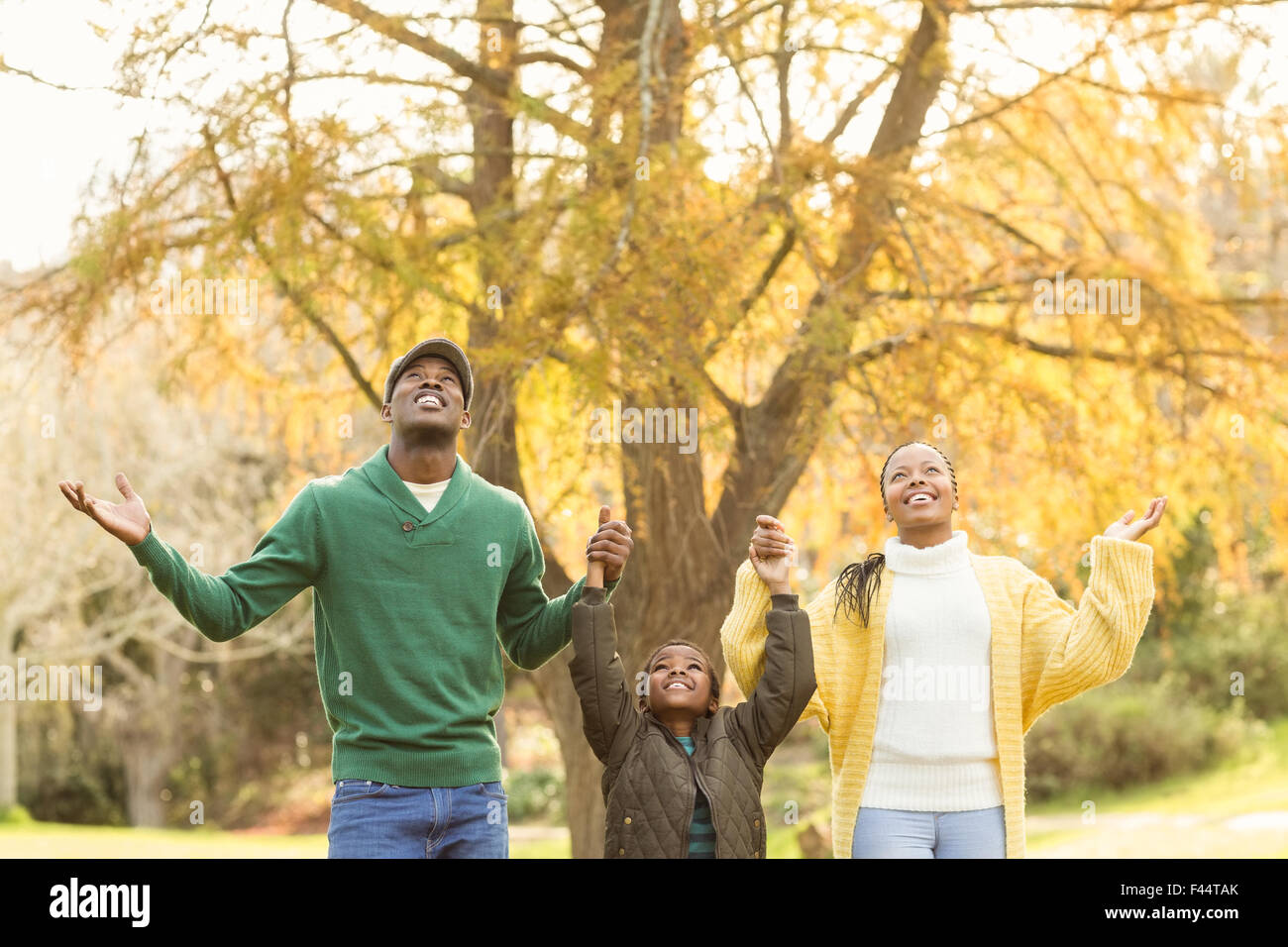 Portrait of a young family with arms raised Stock Photo
