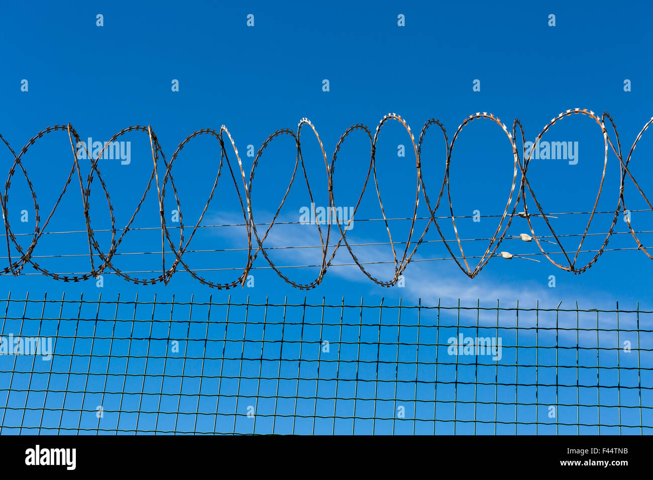 Wired Fence with Spiral Barbwire Stock Photo