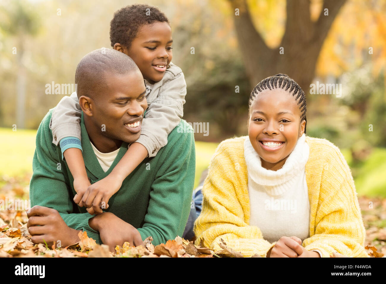 Portrait of a young family lying in leaves Stock Photo
