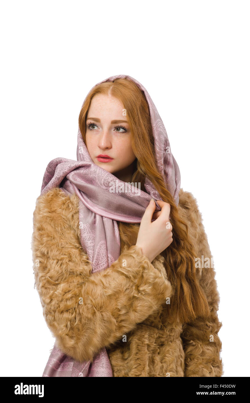 Redhead girl in fur coat isolated on white Stock Photo - Alamy