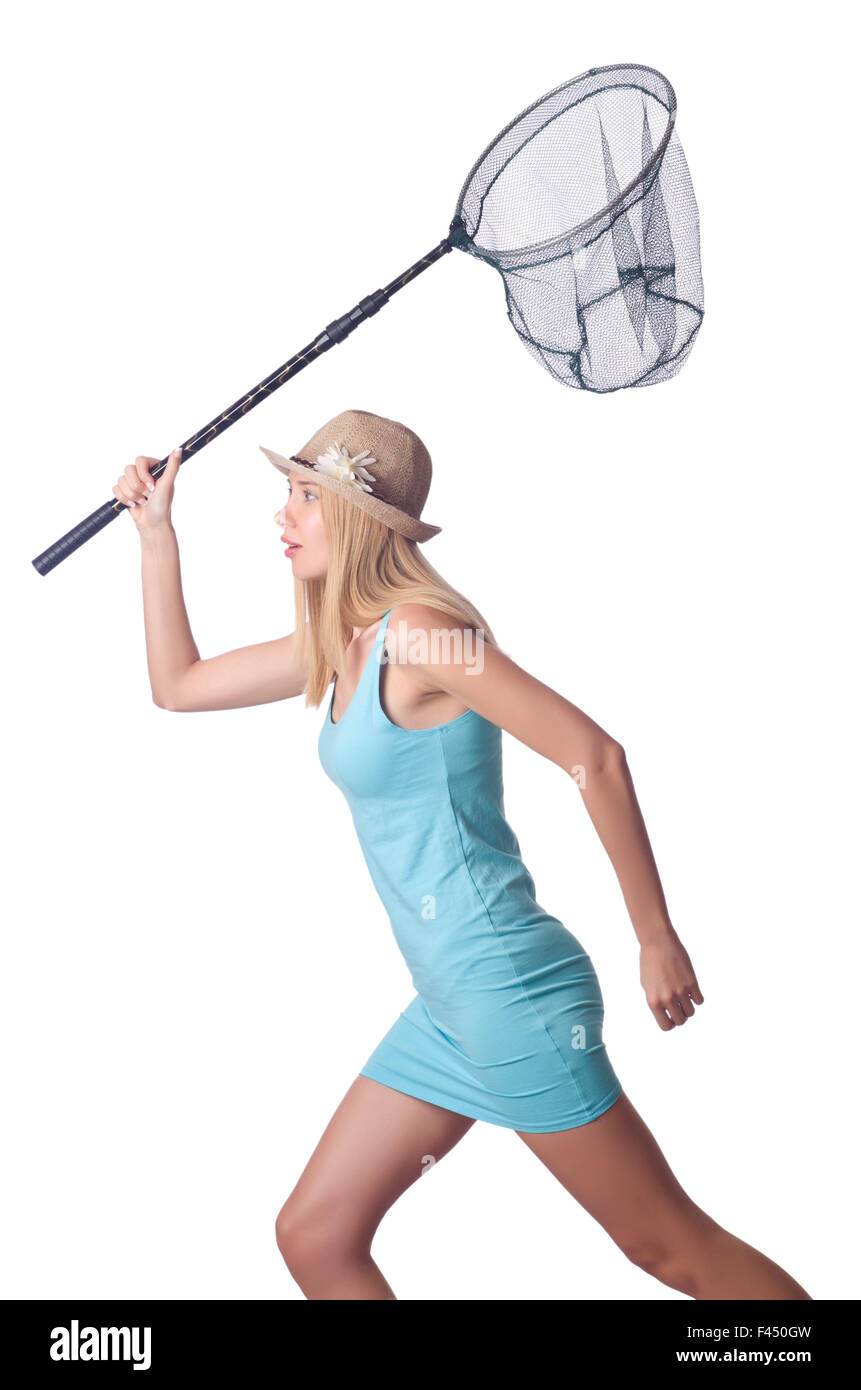 Attractive woman with net on white Stock Photo - Alamy