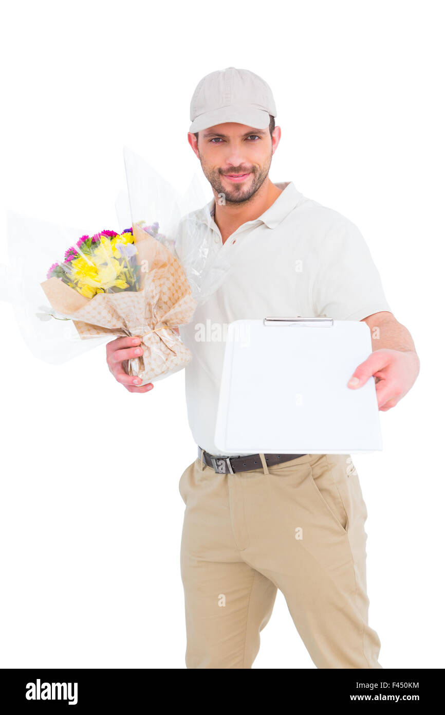 Flower delivery man showing clipboard Stock Photo Alamy