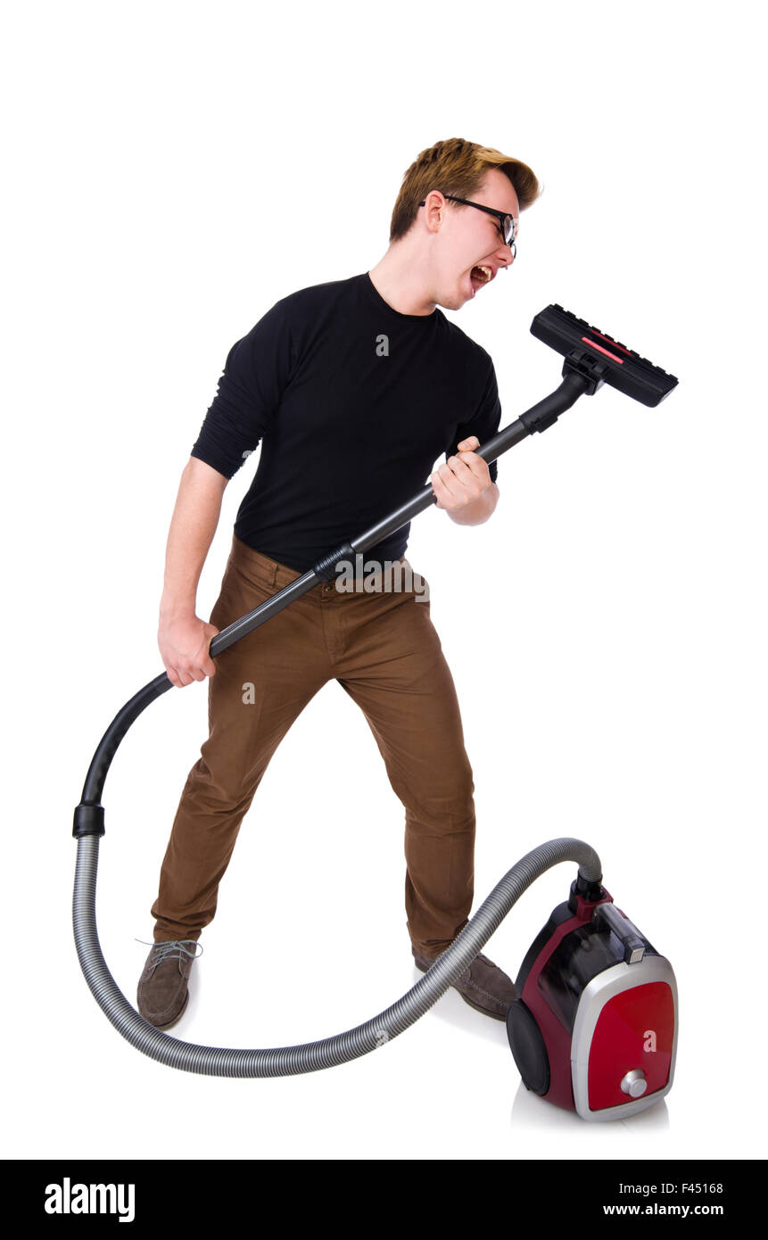 Funny man with vacuum cleaner on white Stock Photo Alamy