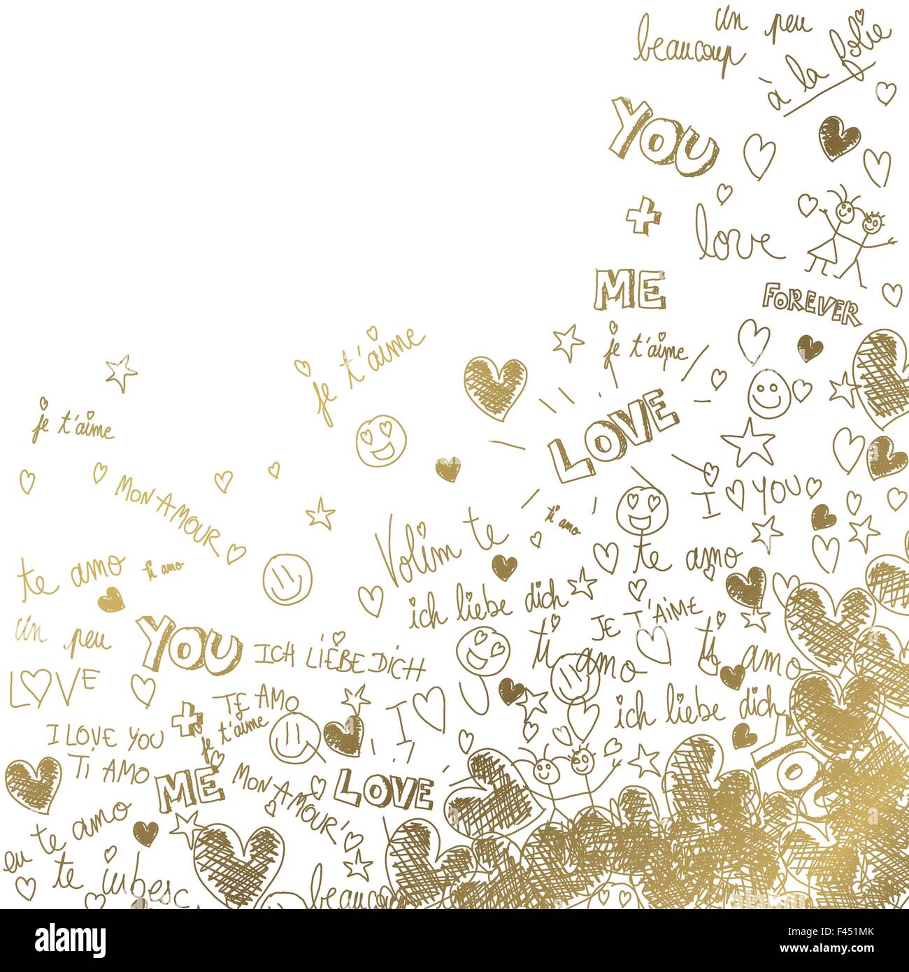 Gold love background with handmade doodles Stock Vector