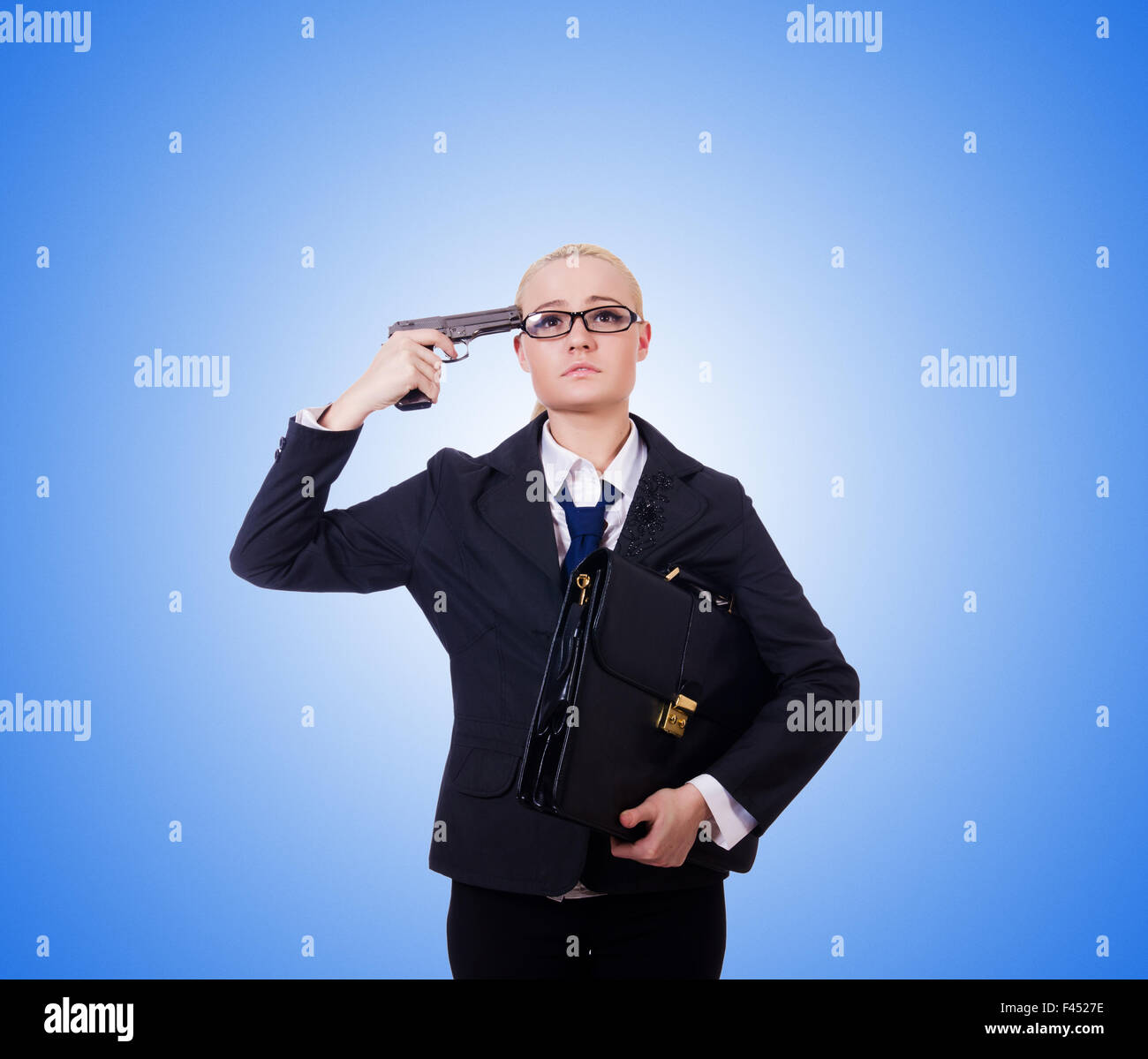 Businessman committing suicide isolated on white Stock Photo - Alamy