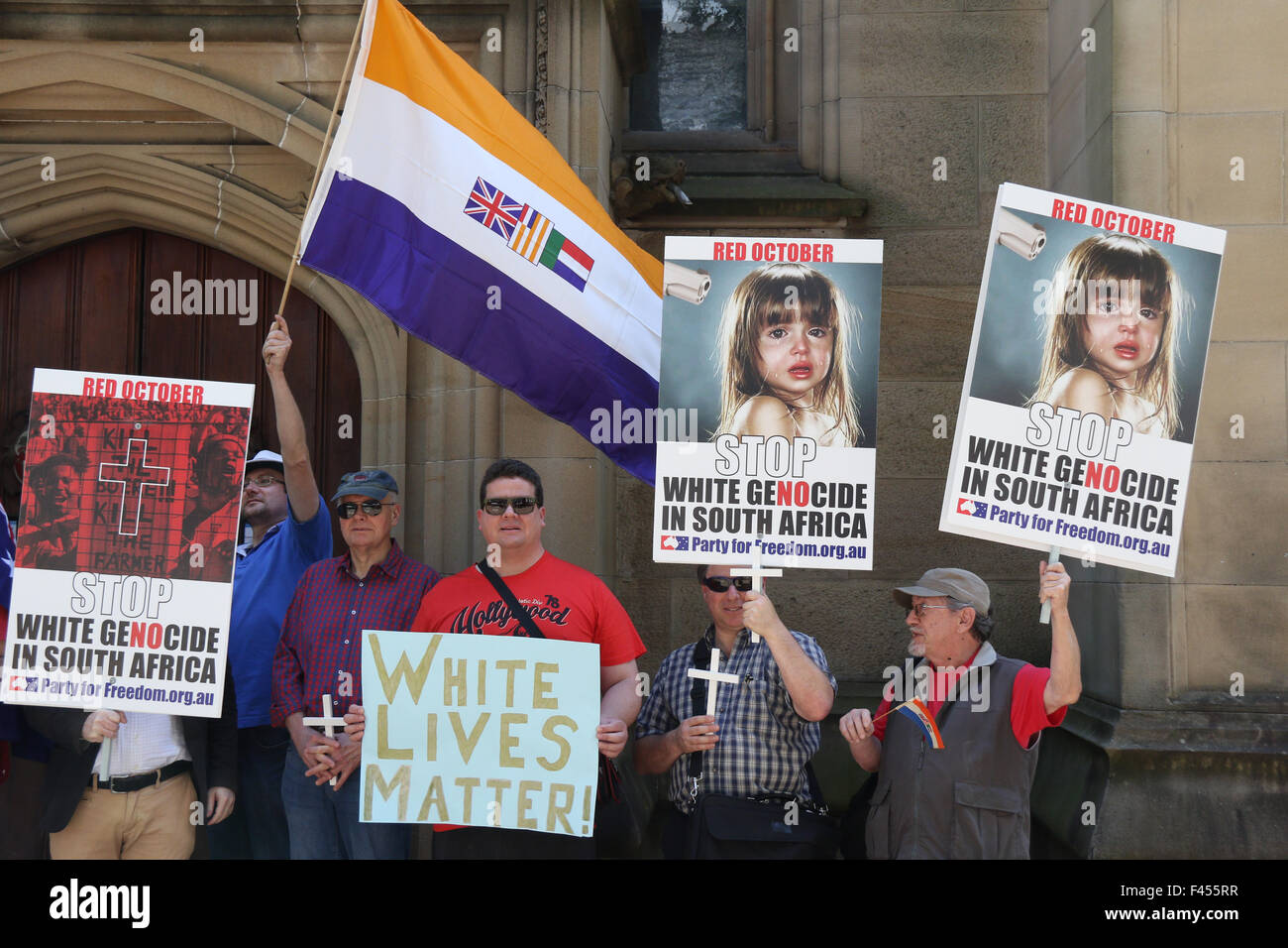 Sydney, Australia. 19 April 2016. Party for Freedom organised a Red October rally against white genocide in South Africa. Stock Photo