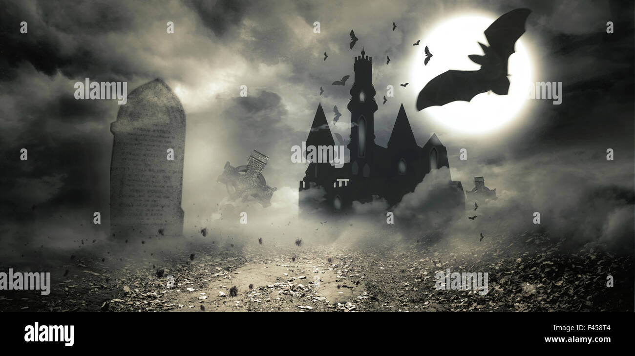 Bats flying to draculas castle Stock Photo