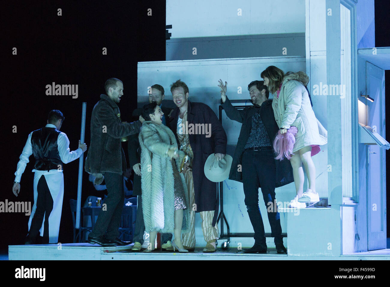 London, UK. 14/10/2015. L-R: Nicholas Masters as Colline, Ashley Riches as Schaunard, Rhian Lois as Musetta, Duncan Rock as Marcello, Zach Borichevsky as Rodolfo and Corinne Winters as Mimi. Dress rehearsal of the Giacomo Puccini opera La Boheme directed by Benedict Andrews at the London Coliseum. Conducted by Xian Zhang. Cast: Corinne Winters as Mimi, Zach Borichevsky as Rodolfo, Duncan Rock as Marcello and Rhian Lois as Musetta. Stock Photo