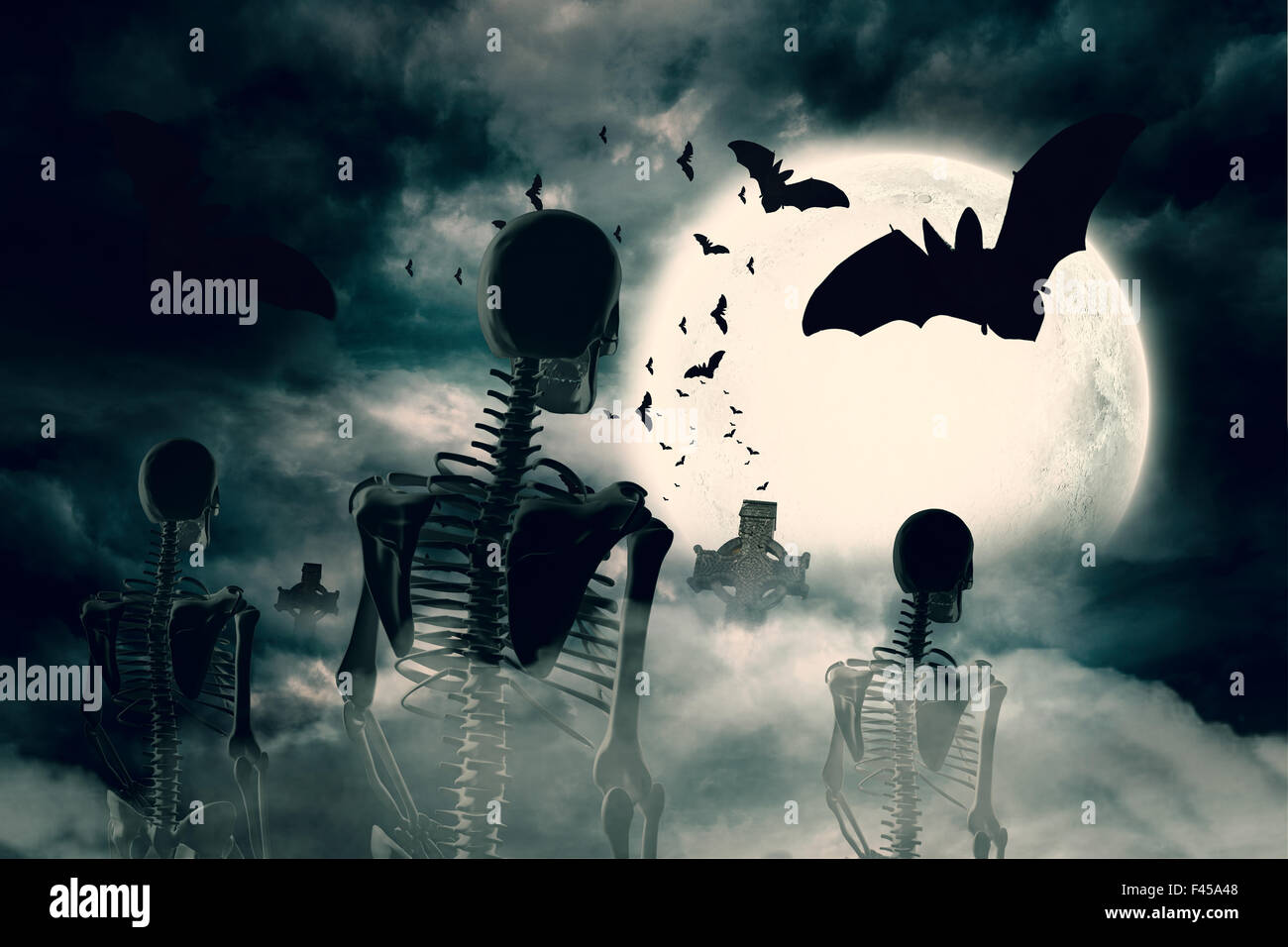 Army of skeletons under full moon Stock Photo