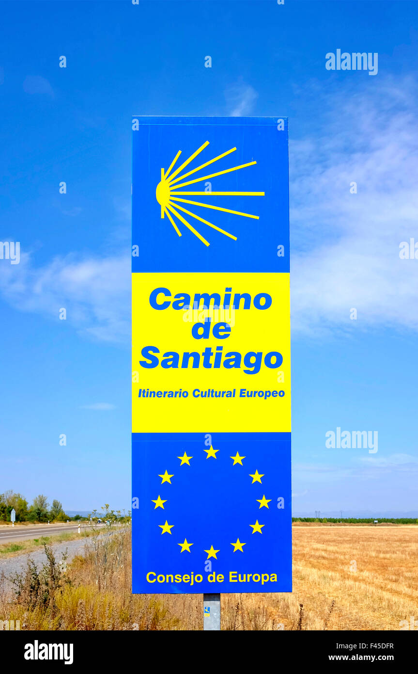 Sign marking the Way of Saint James (Camino de Santiago) as an european cultural route Stock