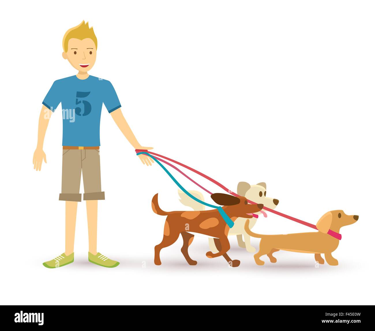 Best man friend. Happy teen taking family pet dogs for a walk  illustration in flat art style. EPS10 vector. Stock Vector