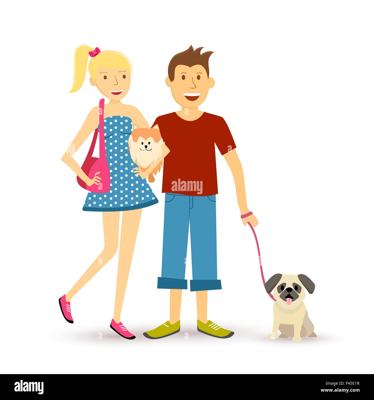 Dog lovers family group illustration in flat art style. Young happy couple taking pet and puppy for a walk. EPS10 vector. Stock Vector