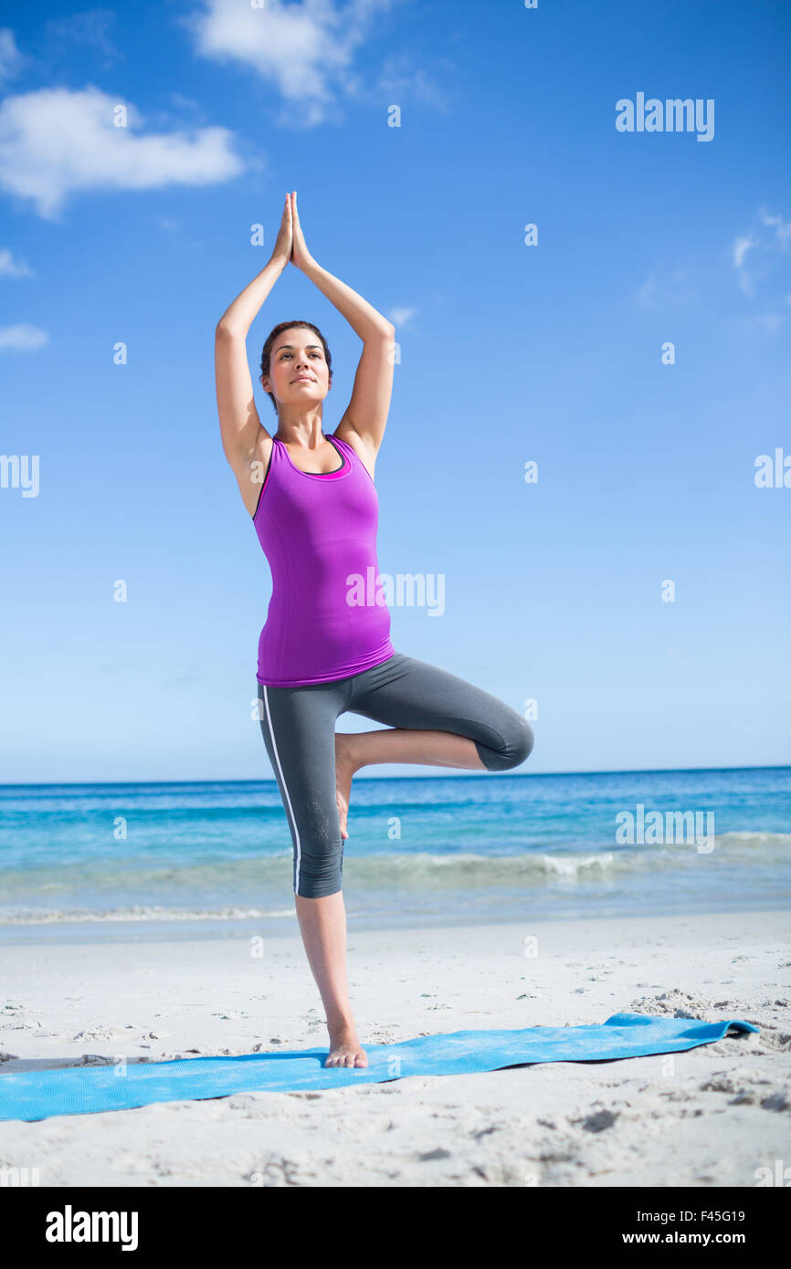 Woman doing yoga tree pose on the beach hi-res stock photography and ...