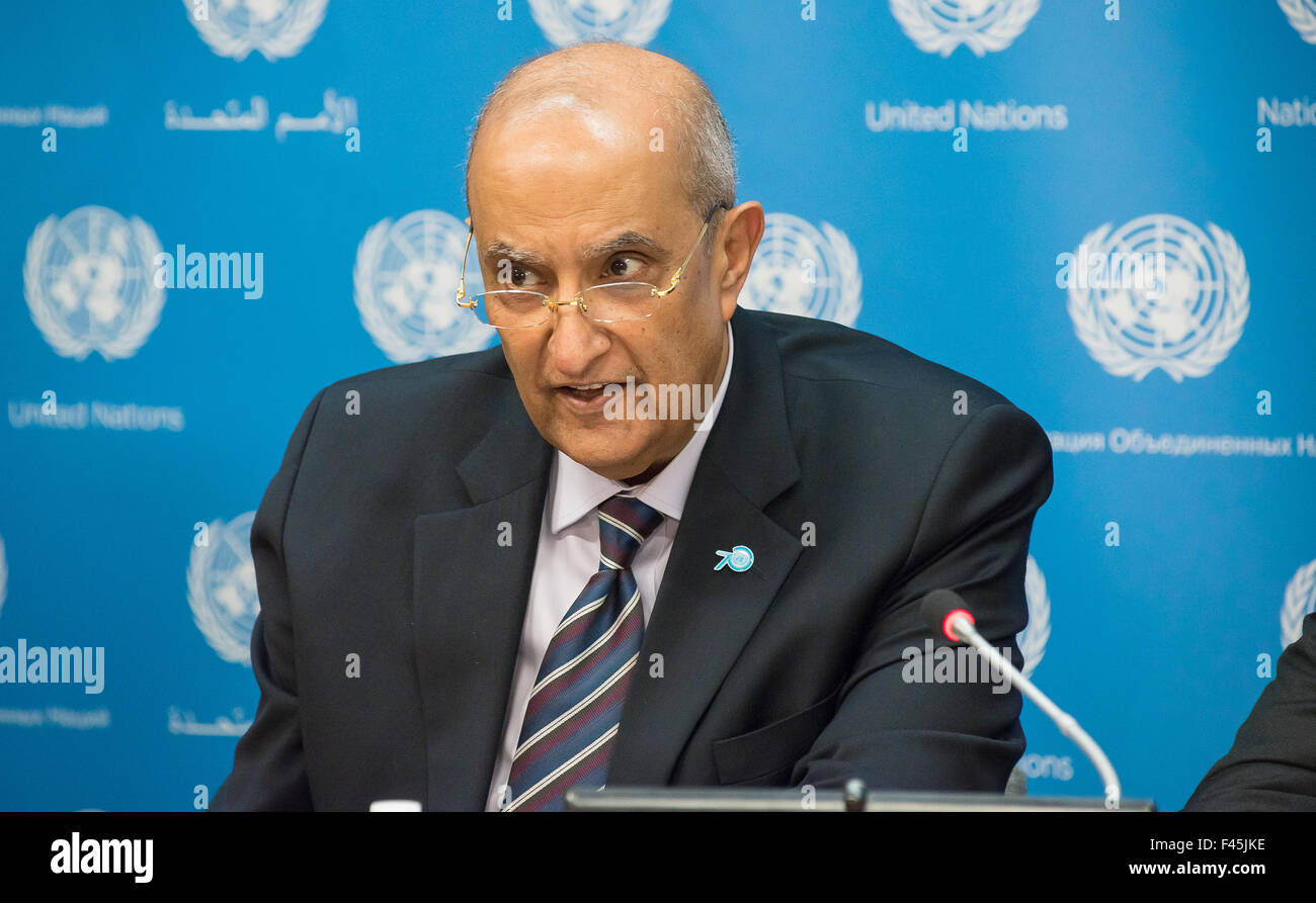 New York, United States. 14th Oct, 2015. Maged Abdelaziz responds to the press. The Office for the Special Adviser on Africa (OSAA) held a press conference at the United Nations on the occasion of Africa Week 2015 (October 12-16) to discuss ongoing initiatives integral to "Agenda 2063," a fifty-year plan for radical economic and social development in the African nations. Credit:  Albin Lohr-Jones/Pacific Press/Alamy Live News Stock Photo