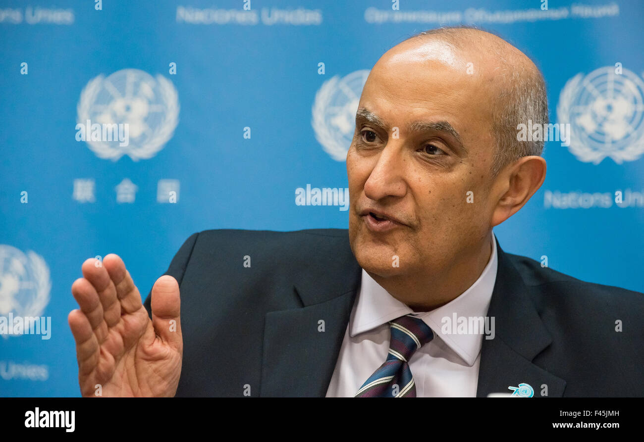New York, United States. 14th Oct, 2015. Maged Abdelaziz responds to a reporter. The Office for the Special Adviser on Africa (OSAA) held a press conference at the United Nations on the occasion of Africa Week 2015 (October 12-16) to discuss ongoing initiatives integral to 'Agenda 2063,' a fifty-year plan for radical economic and social development in the African nations. Credit:  Albin Lohr-Jones/Pacific Press/Alamy Live News Stock Photo