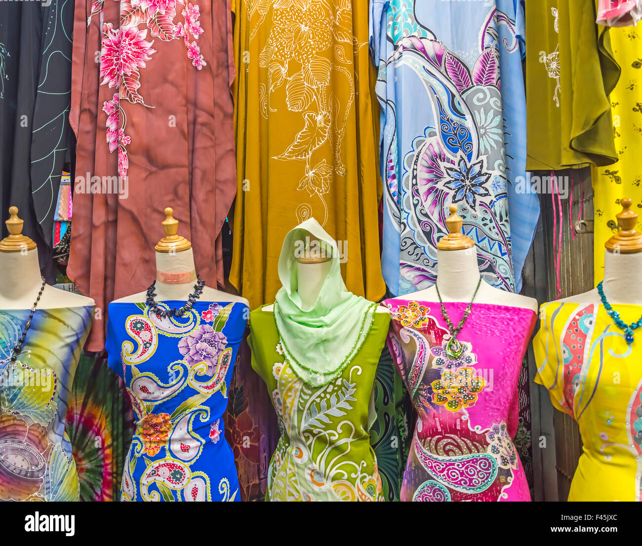 Mass produced colored textile in a traditional east market in Malaysia