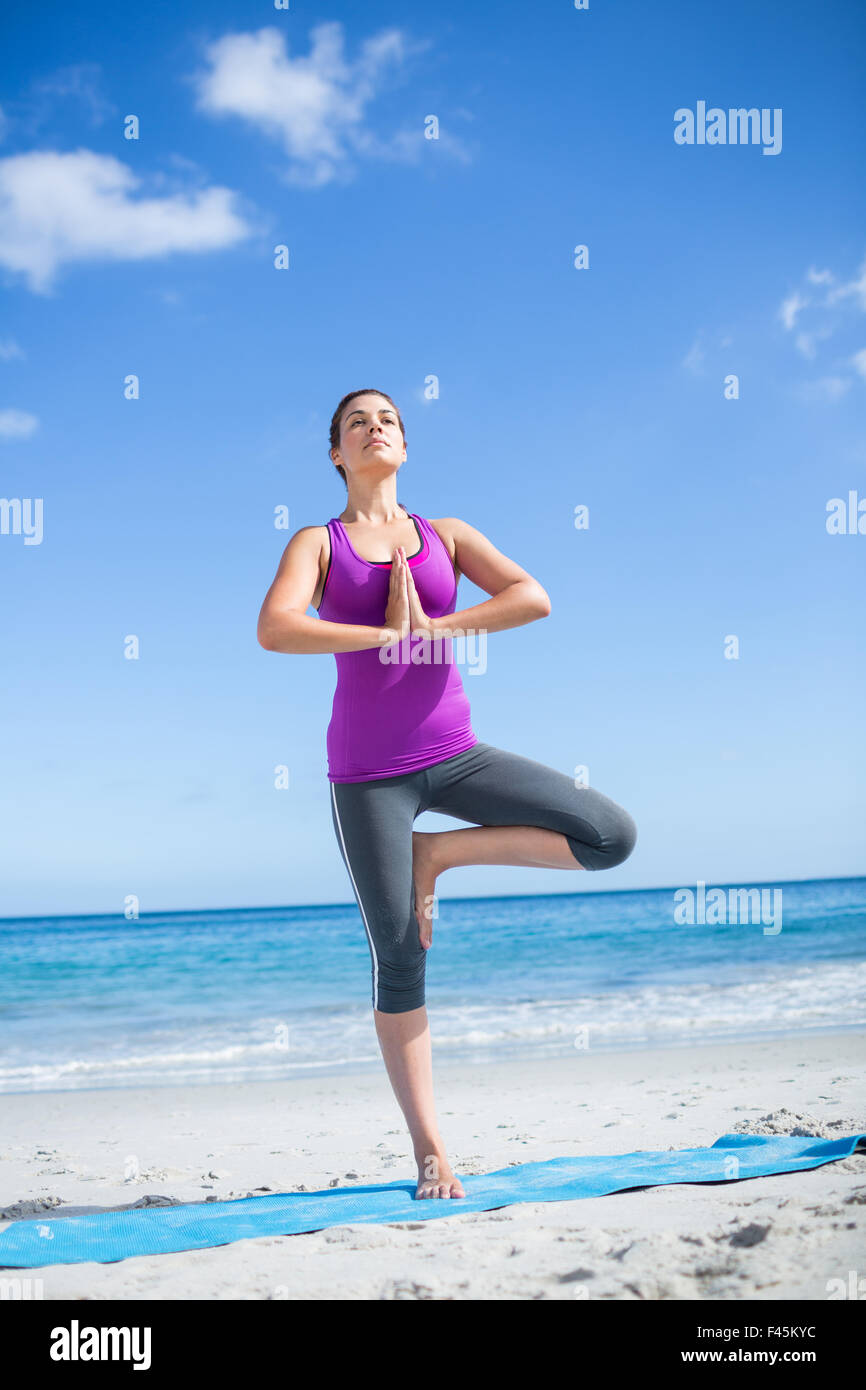 Woman doing yoga tree pose on the beach hi-res stock photography and ...