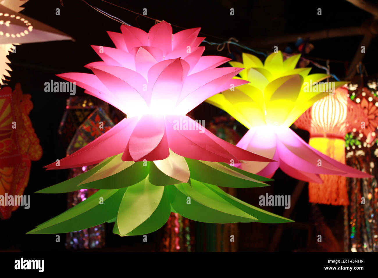 Colorful flower shaped lanters lit on the ocassion Diwali festival festival in India. Stock Photo