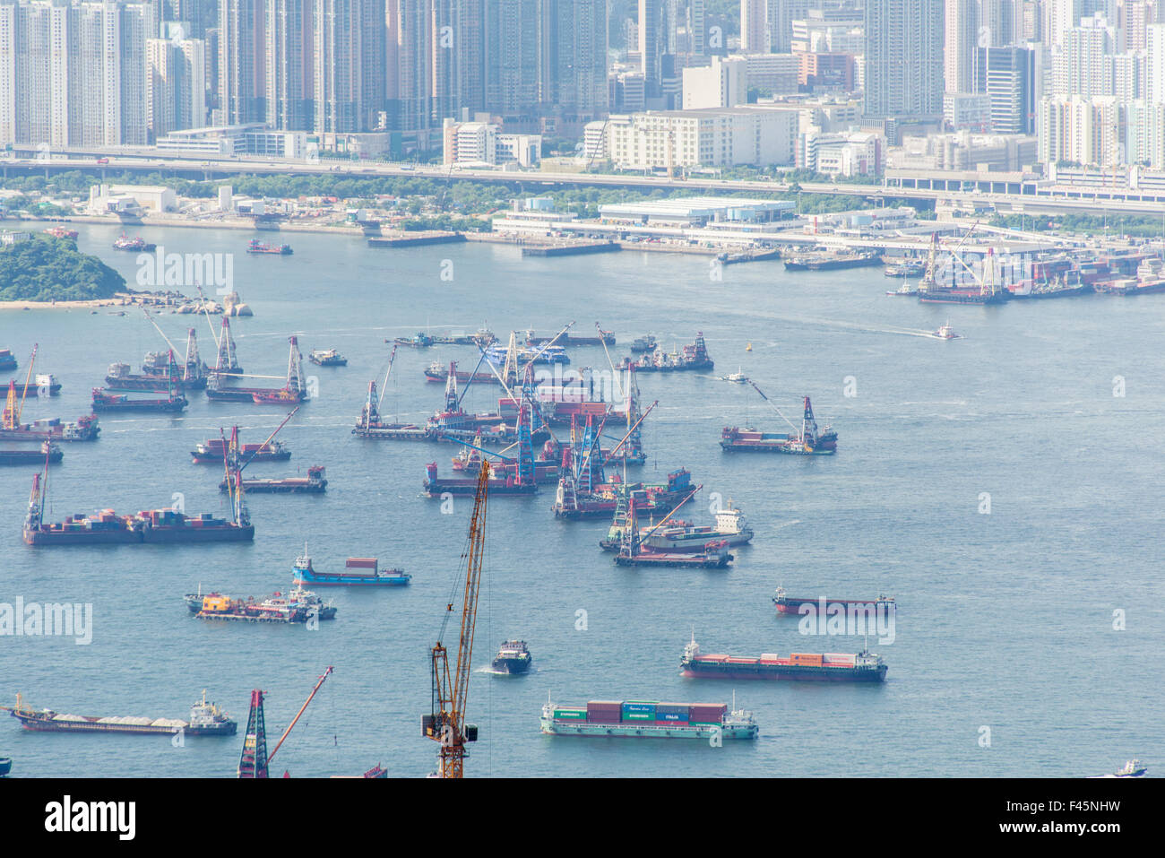 Busy Hong Kong port with many ships Stock Photo