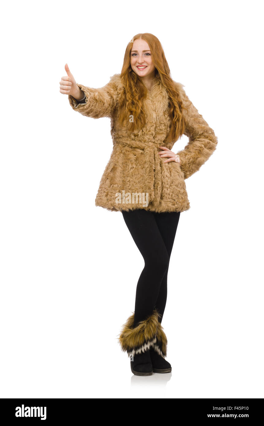 Redhead girl in fur coat isolated on white Stock Photo - Alamy