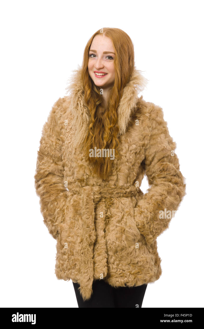 Redhead girl in fur coat isolated on white Stock Photo - Alamy