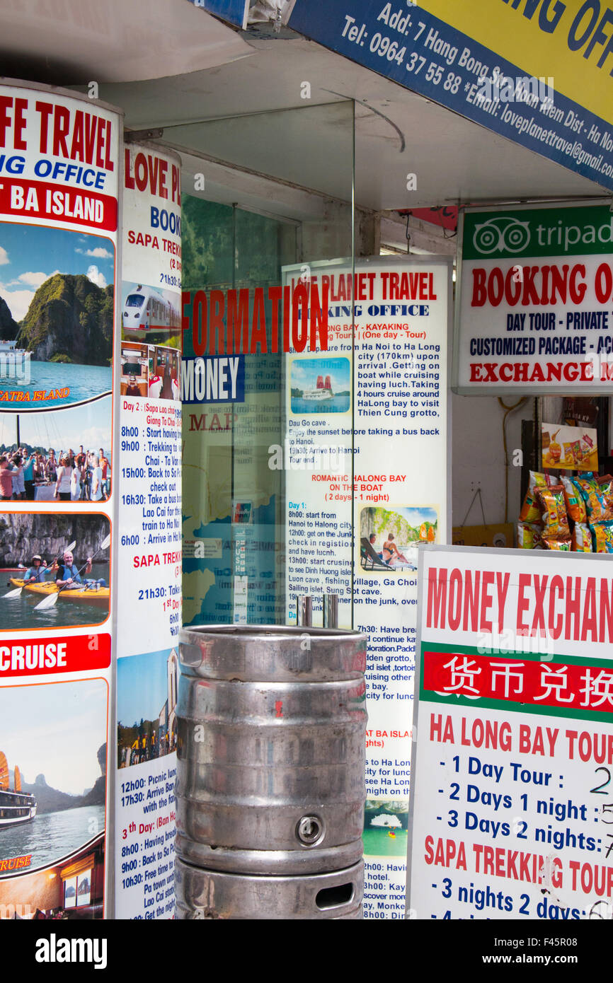 travel agency and tour bookings money exchange office in hanoi old quarter,Vietnam. Stock Photo