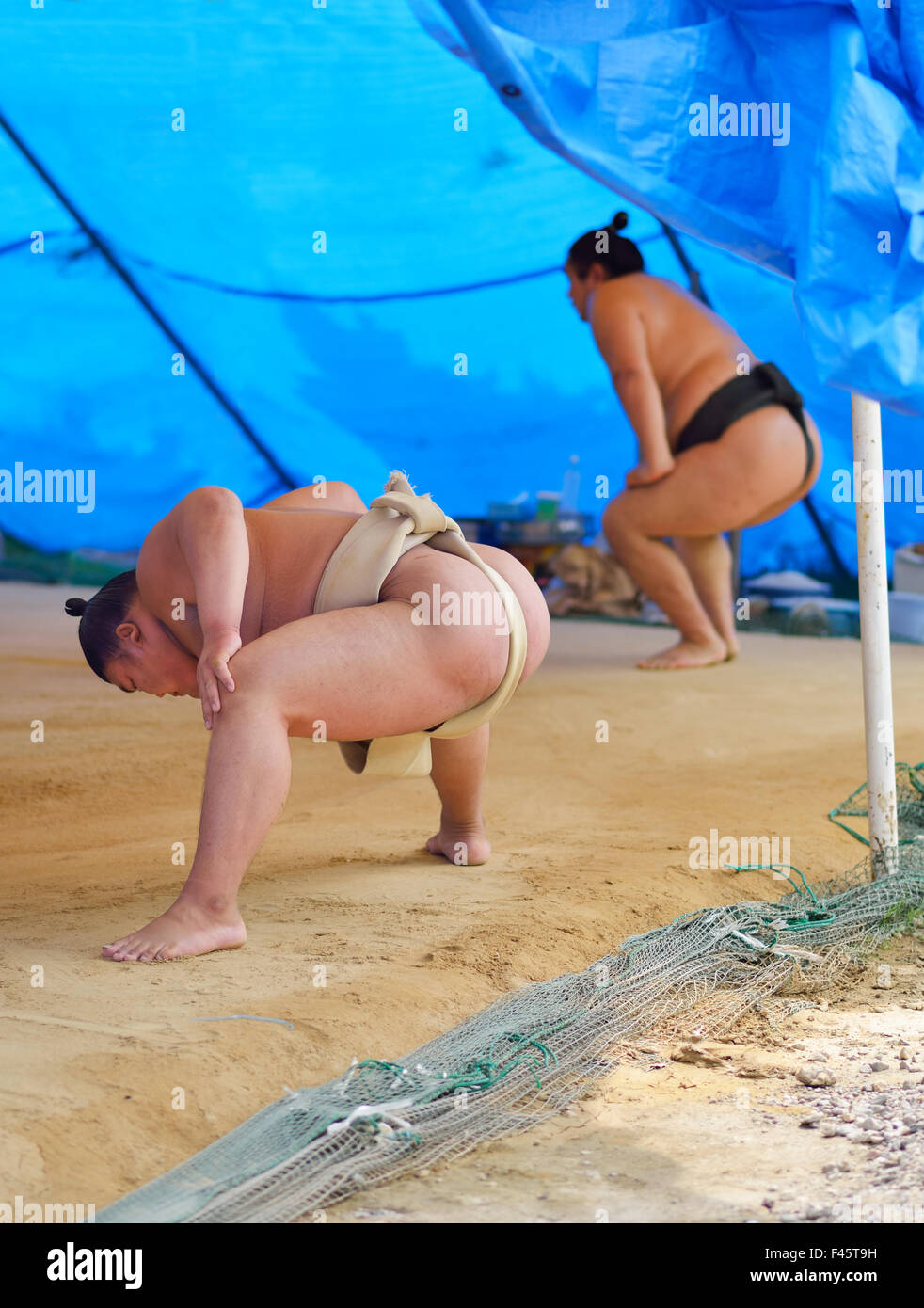 Morning practice of sumo wrestlers Stock Photo