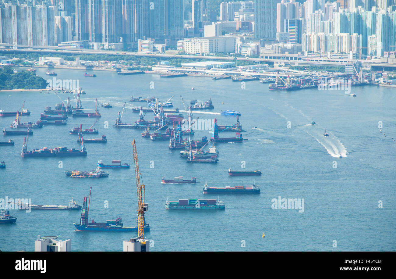 Busy Hong Kong port with many ships Stock Photo