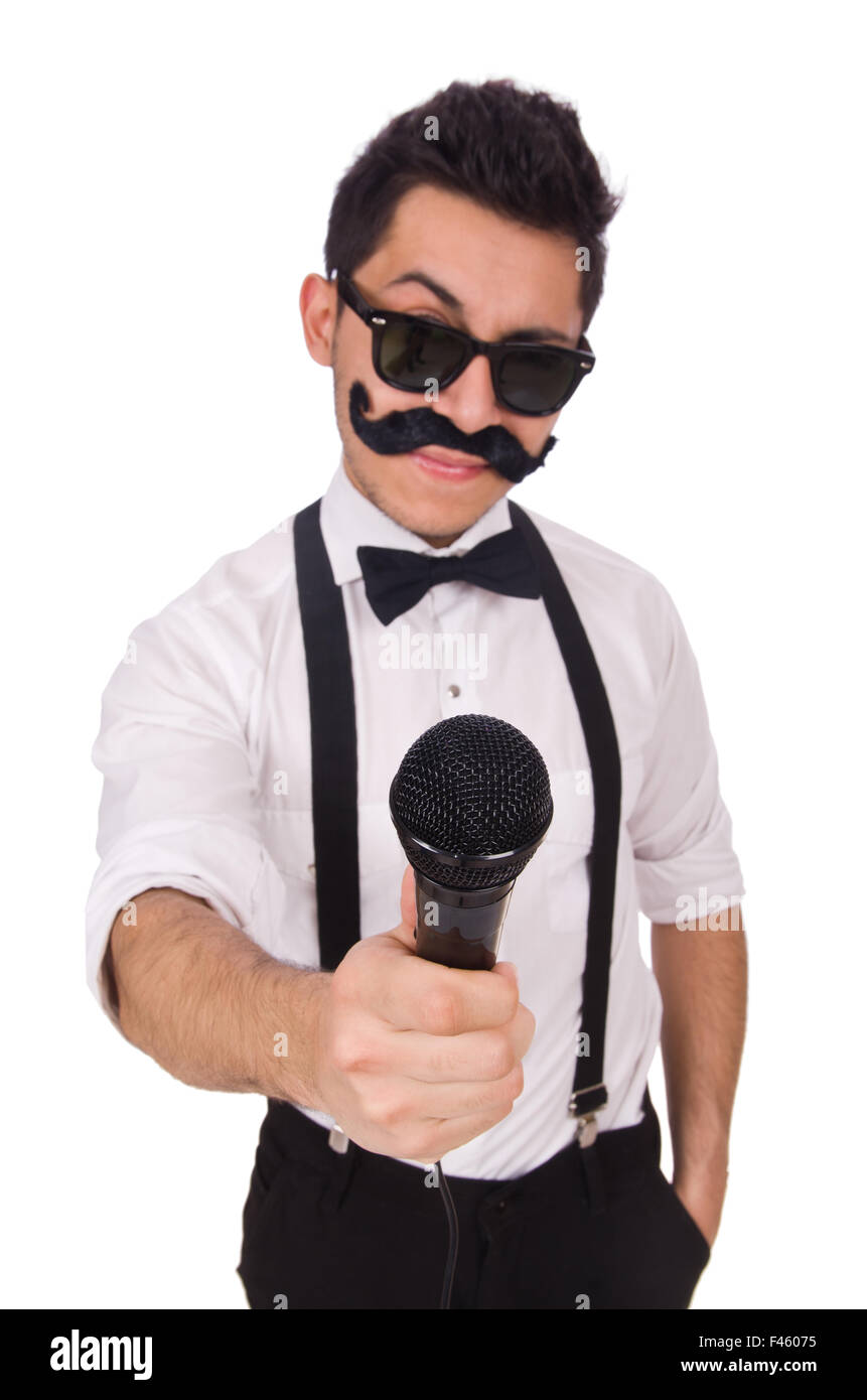Funny man with mic isolated on white Stock Photo Alamy