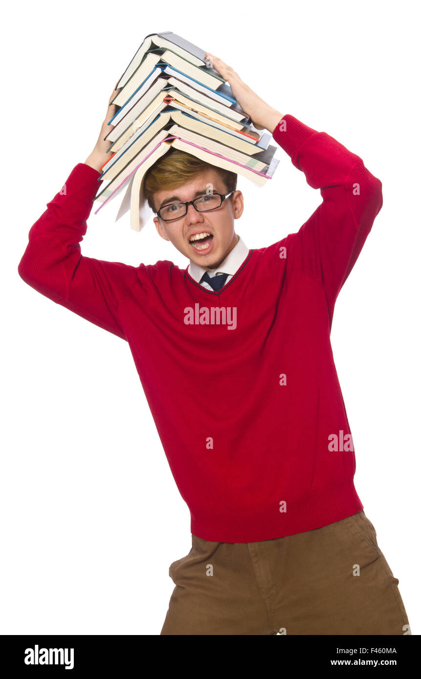 Funny student with books isolated on white Stock Photo - Alamy