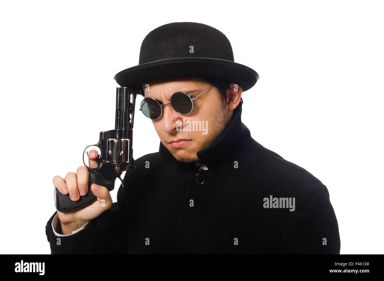 Young man with gun isolated on white Stock Photo - Alamy