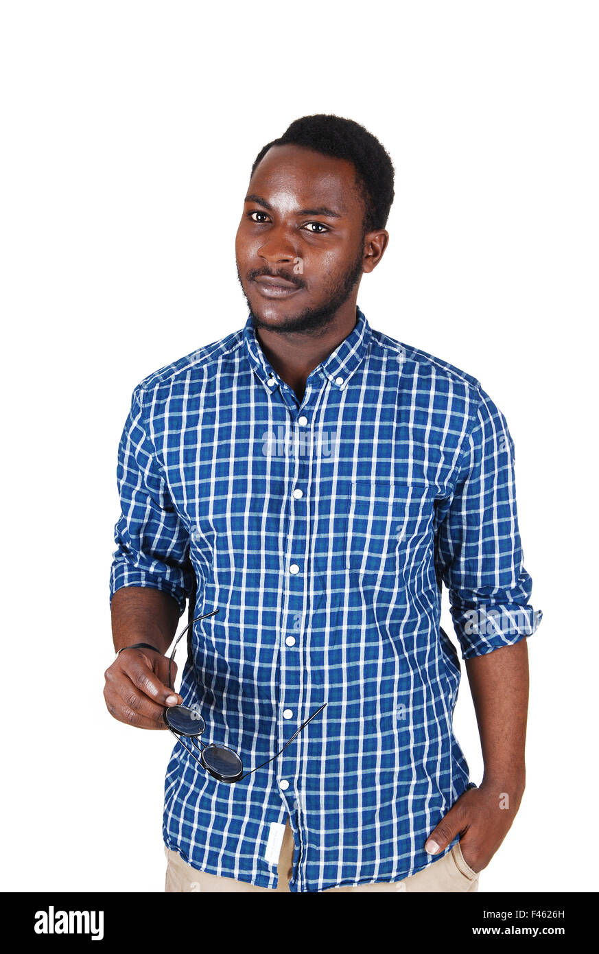 Black man holding sunglasses Stock Photo Alamy