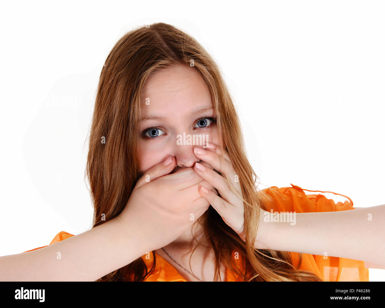 Hands on mouths. Stock Photo