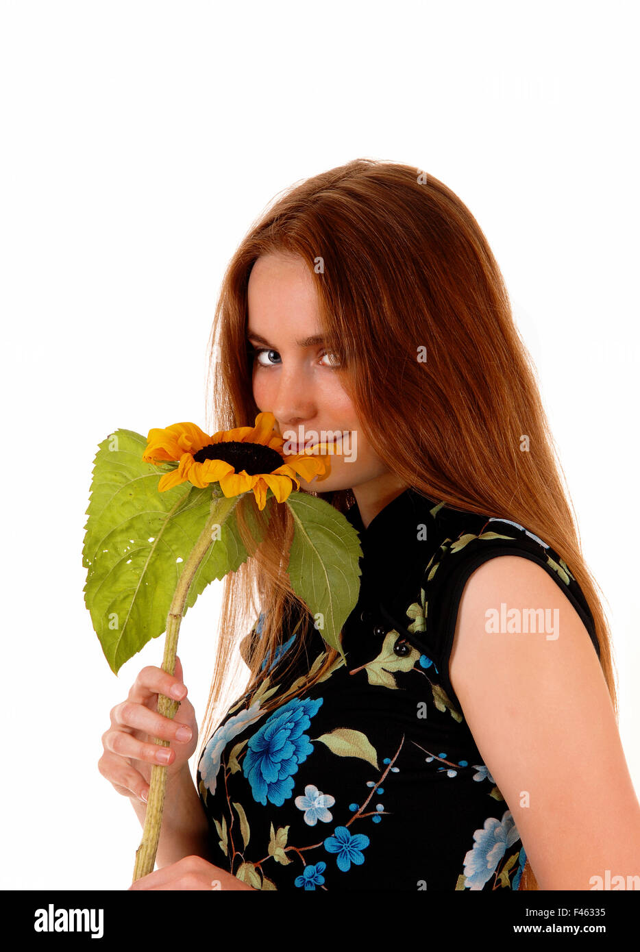 Portrait of girl with sunflower Stock Photo - Alamy