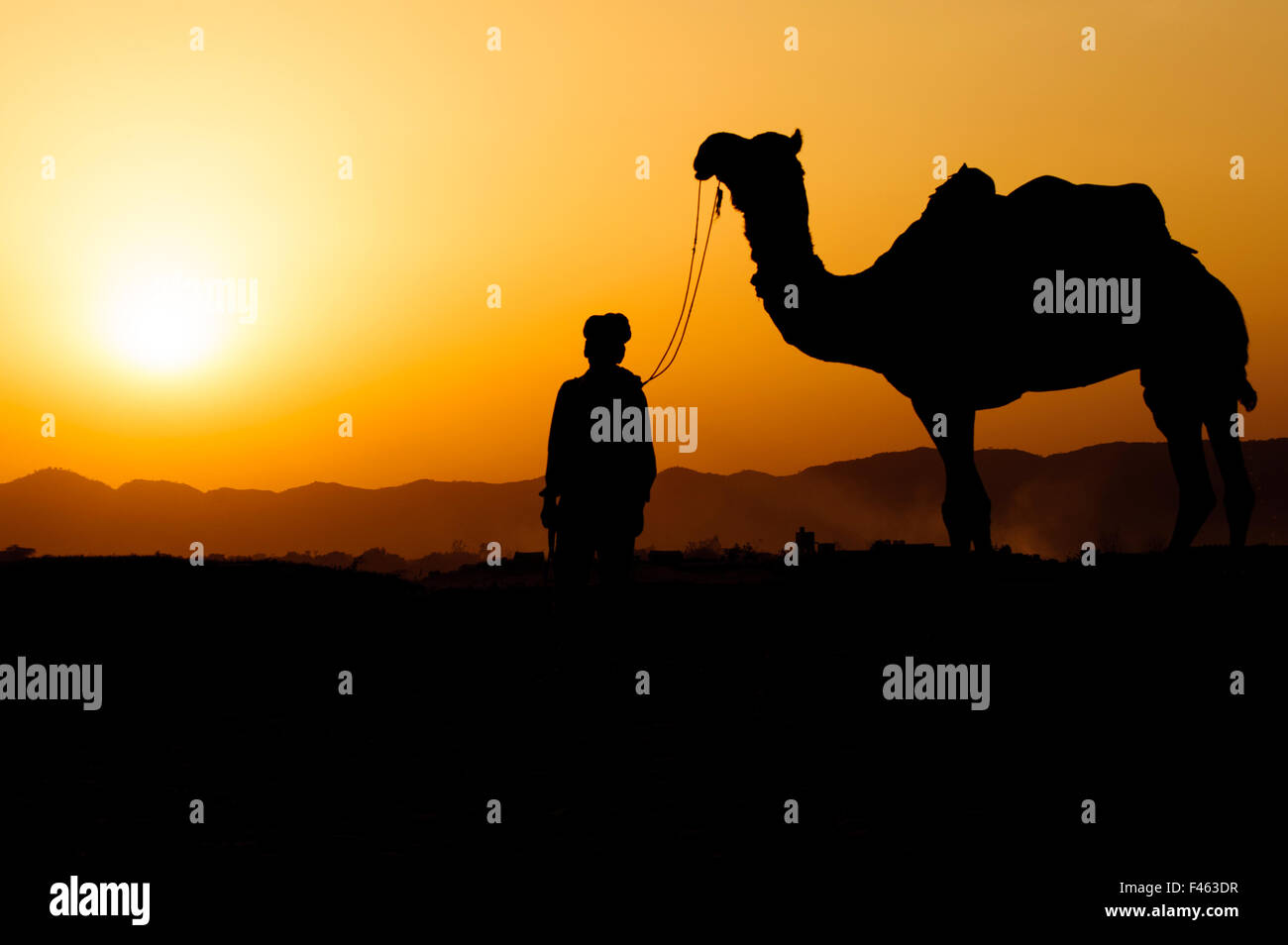 Silhouette of the Camel Trader across the sand dune during sunset at ...