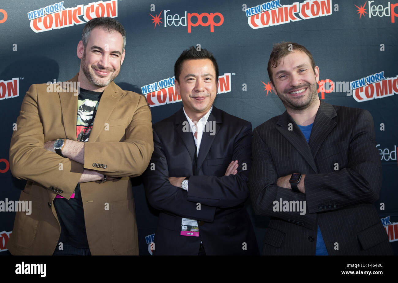 New York City, United States. 10th Oct, 2015. Thunder Agents Panel announce new movie and a Partnership with the United Nations for a 17 comic books on the Global Sustainable Development Goals (SDG's) today at Jacob K. Javits Convention Center in New York City. The panel (L to R) Ben Lustig, James Wang, China's Huayi Brothers, Jake Thornton. © Luiz Rampelotto/Pacific Press/Alamy Live News Stock Photo