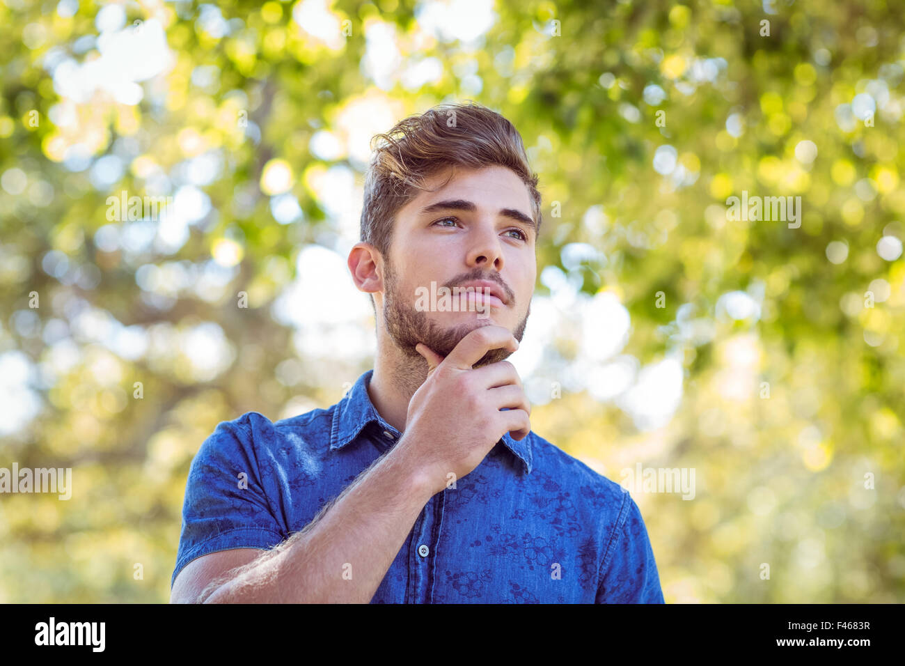 Handsome thinking hipster in the park Stock Photo - Alamy