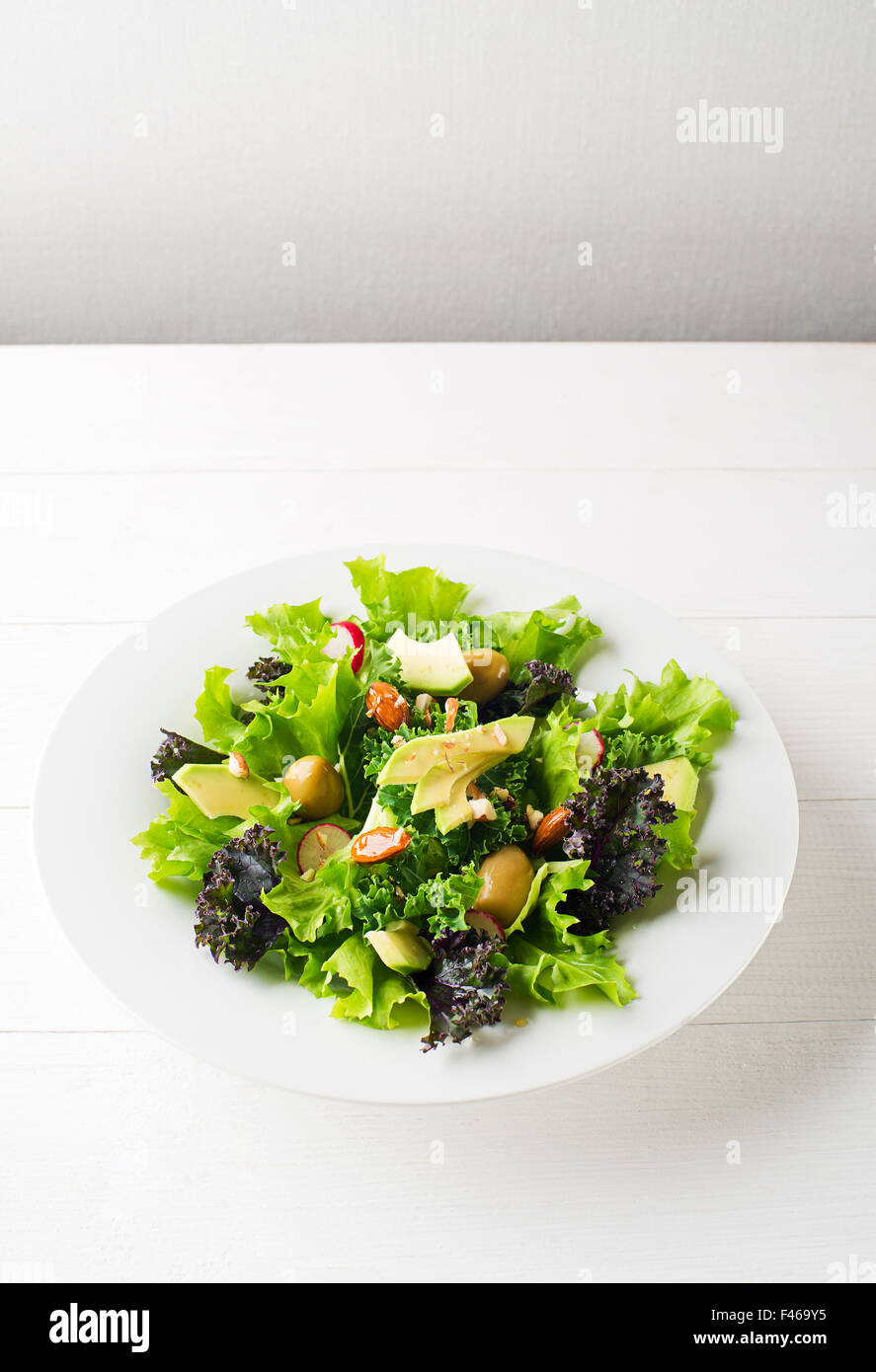 Fresh mixed green salad with avocado on the plate. Stock Photo