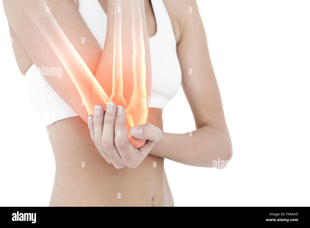 Highlighted elbow pain of woman Stock Photo