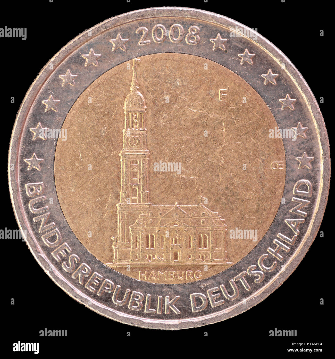 A commemorative circulated two euro coin issued by Germany in 2008 depicting the baroque church of St. Michaelis located in the Stock Photo