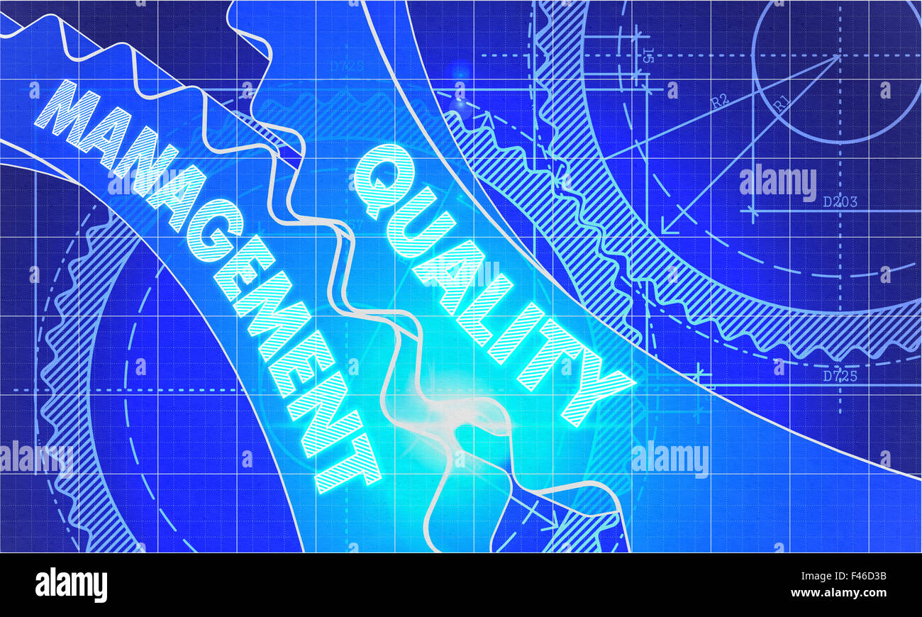 Quality Management on the Gears. Blueprint Style. Stock Photo
